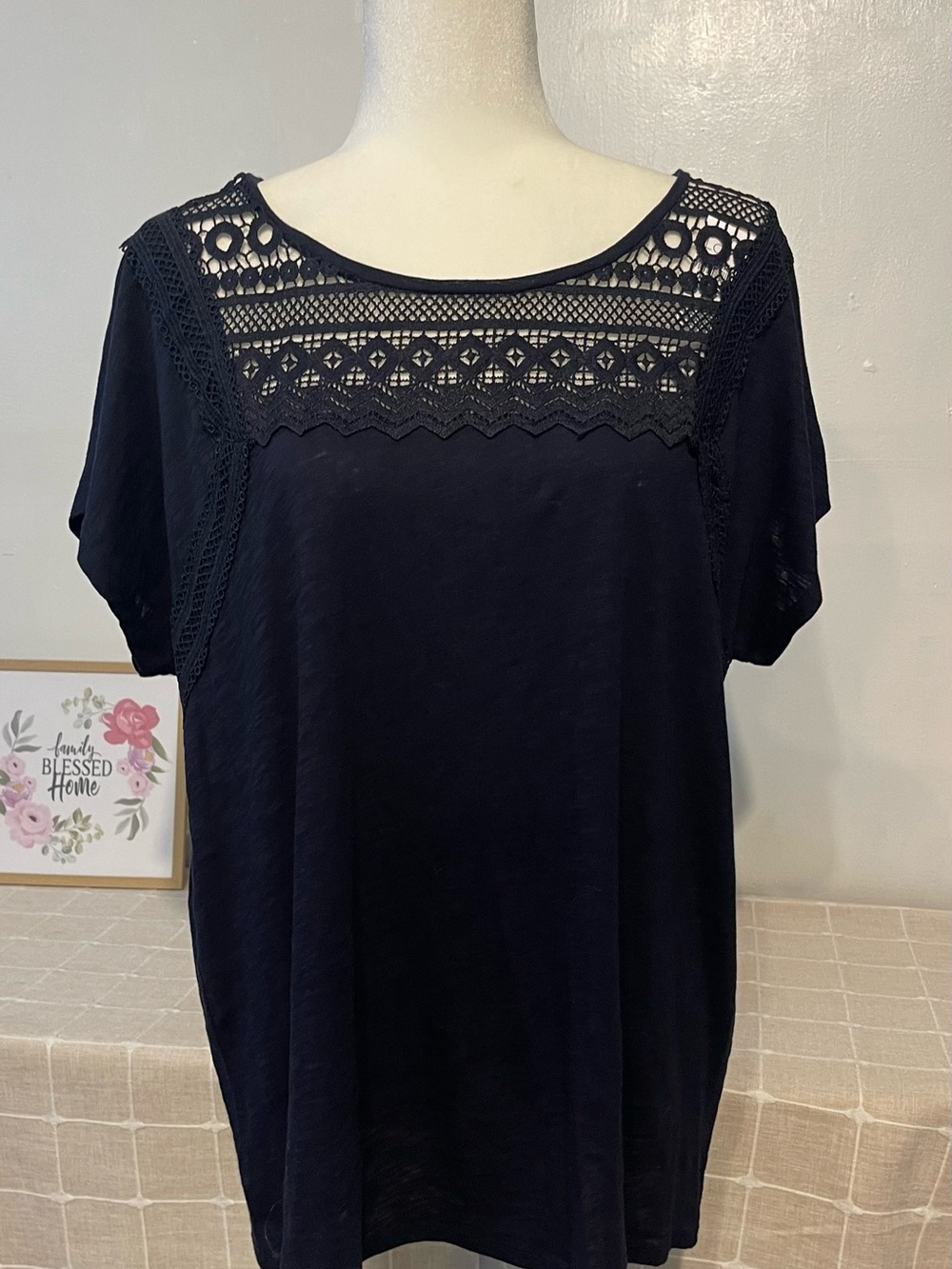LOFT women’s casual Navy Lace Yoke Short Sleeve Blouse size XL 100% cotton NWT - Picture 10 of 15